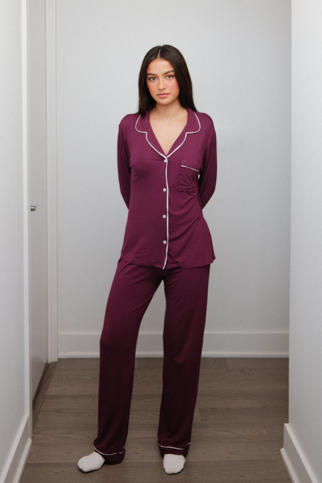 Piped Pajama Set in Plum, on model, front with hands behind back