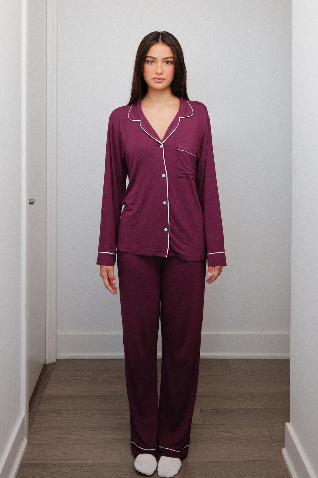 Piped Pajama Set in Plum, on model, front