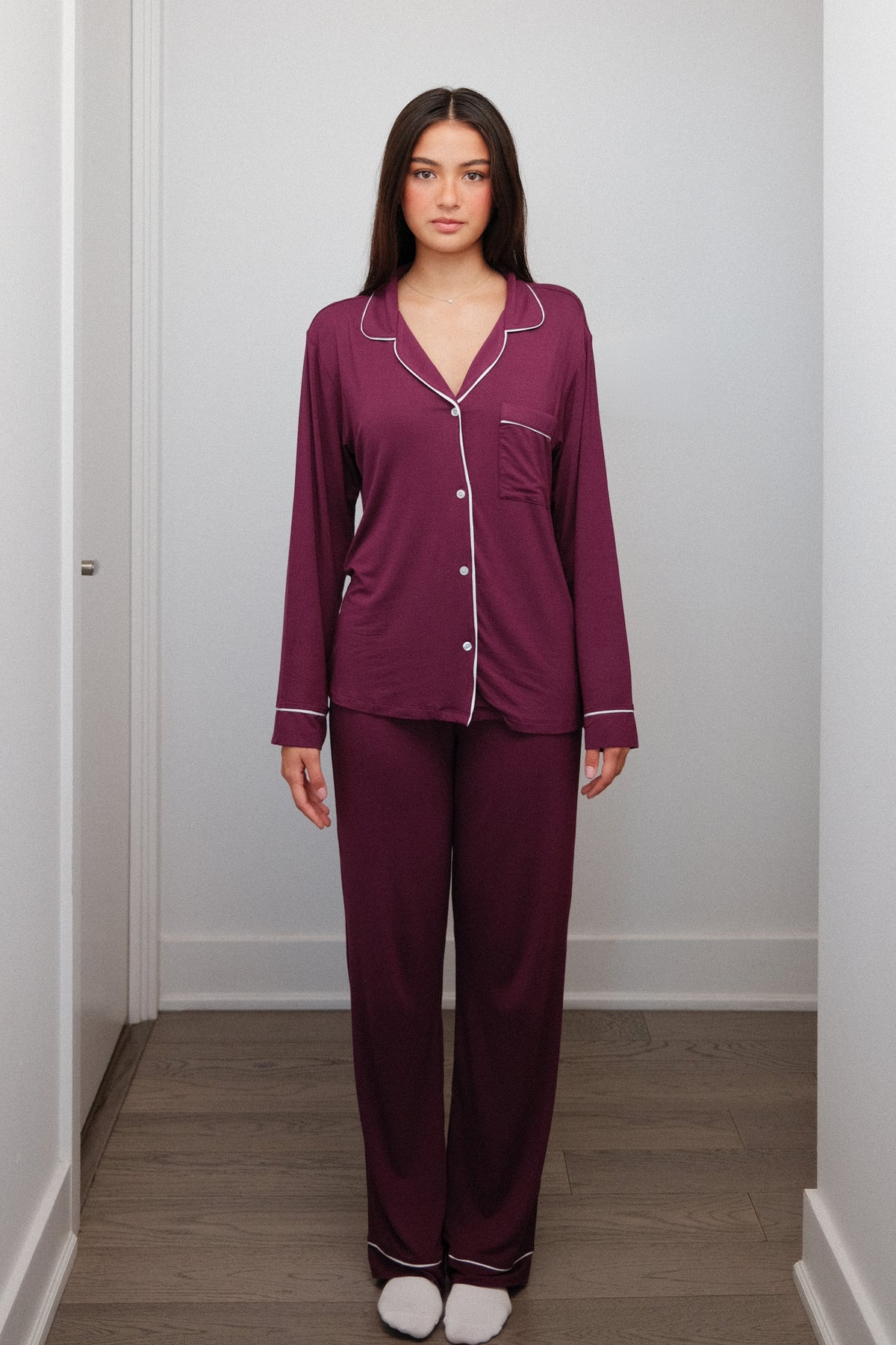 Piped Pajama Set in Plum, on model, front