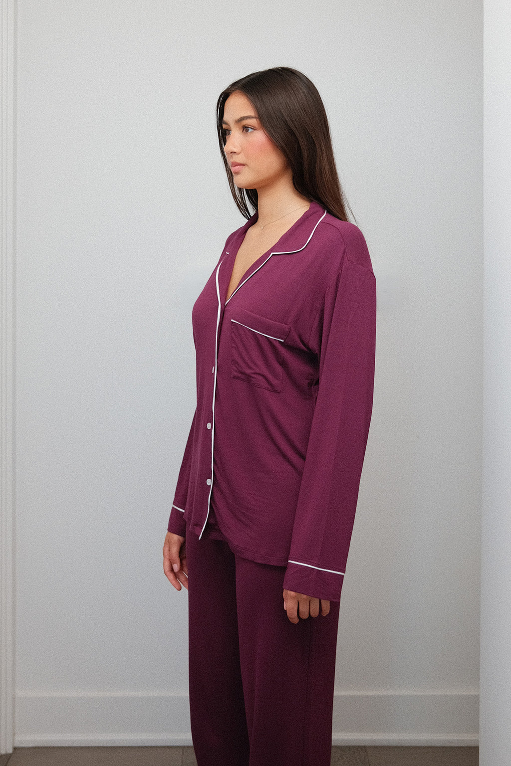 Piped Pajama Set in Plum, on model, side