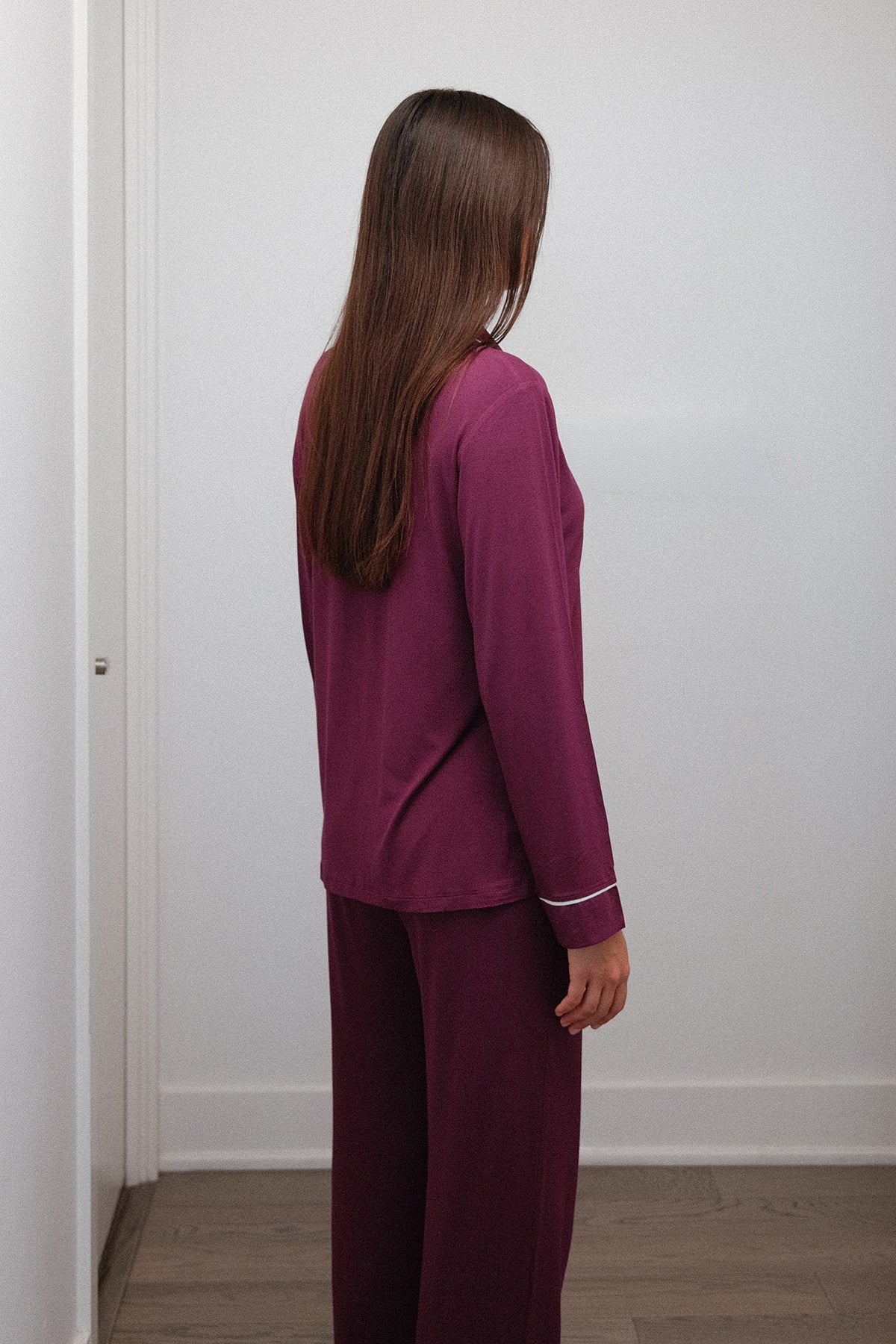 Piped Pajama Set in Plum, on model, back