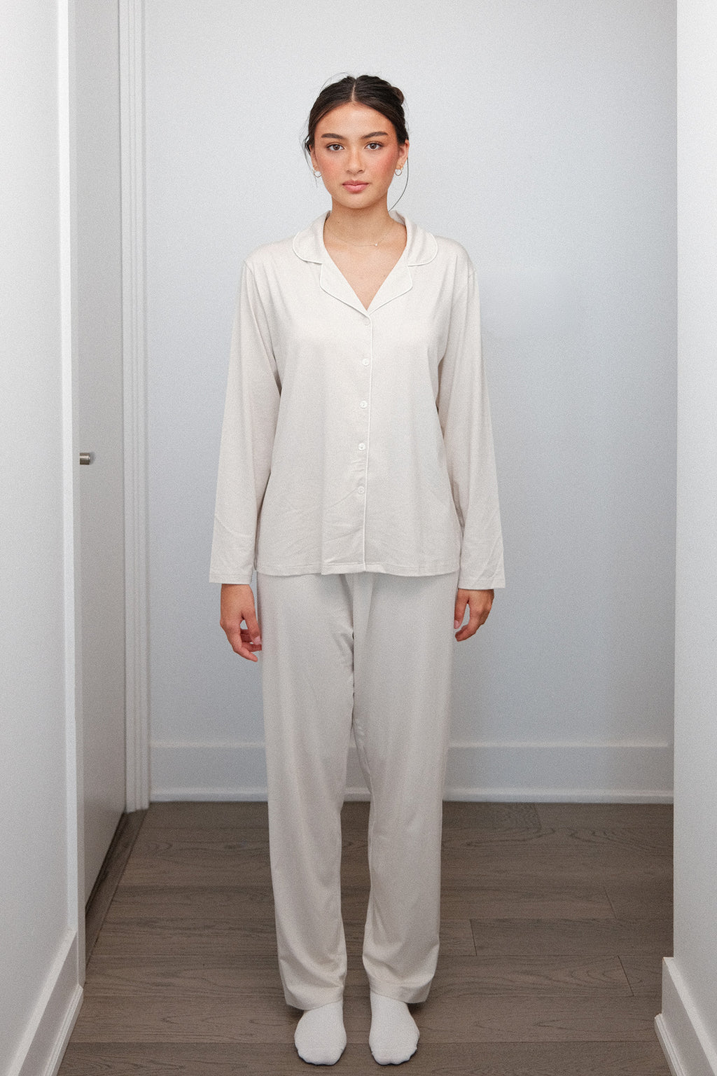 Camp Collar Pajama Set in Oatmeal, on model, front