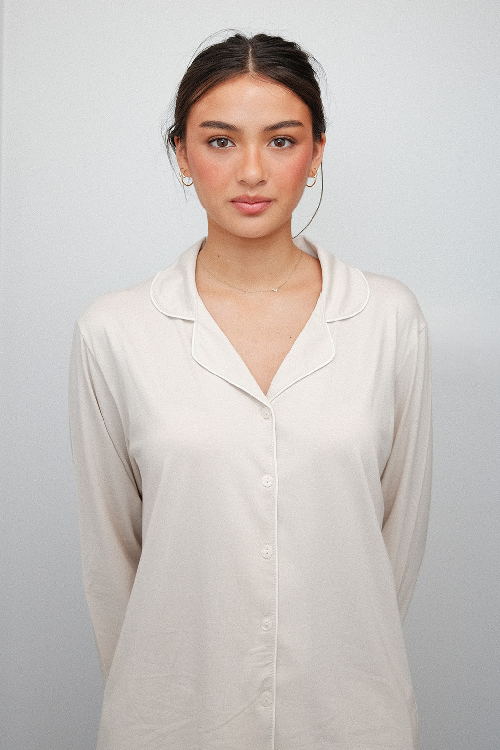 Camp Collar Pajama Set in Oatmeal, on model, collar and piping detail