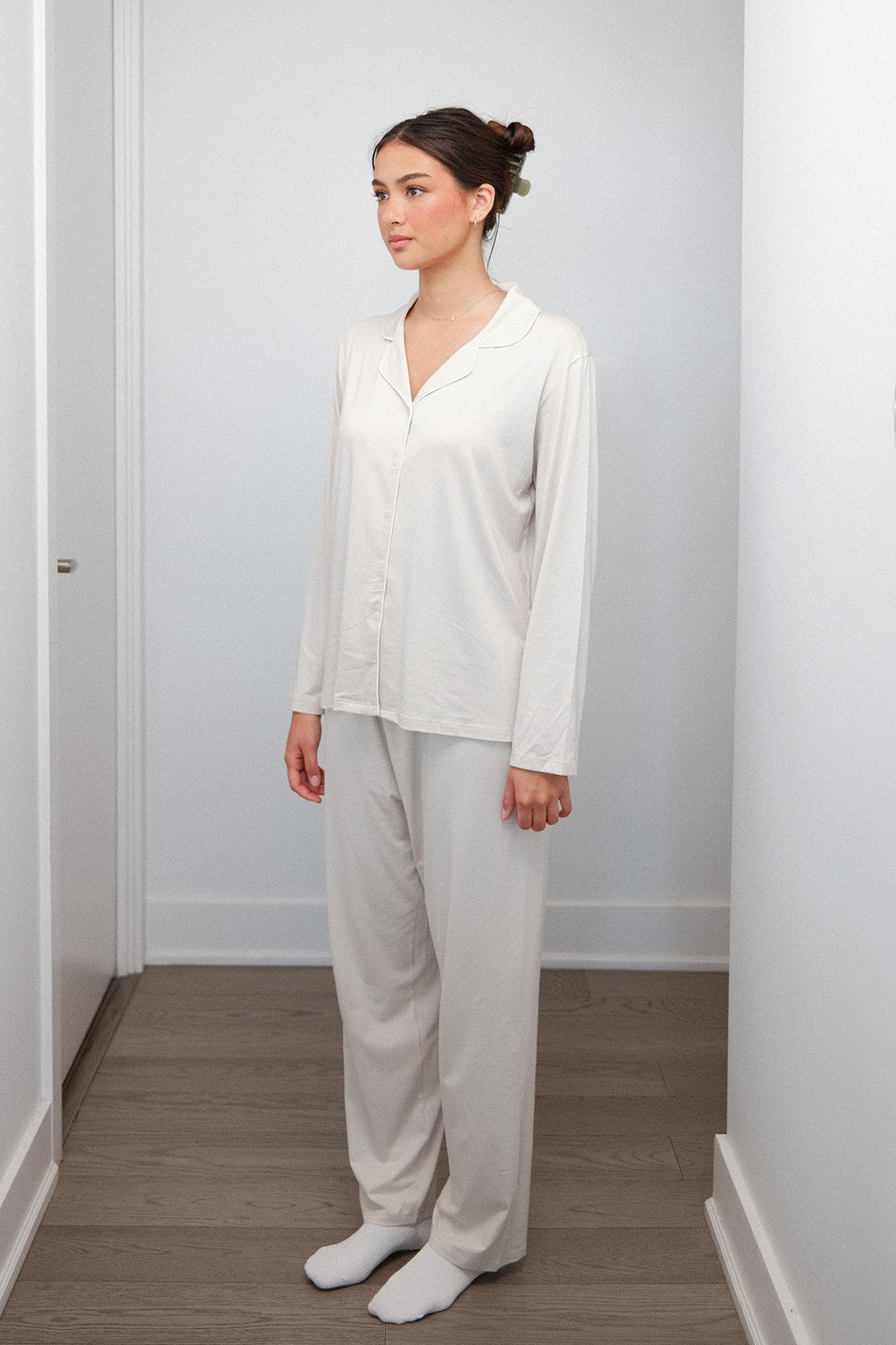 Camp Collar Pajama Set in Oatmeal, on model, side