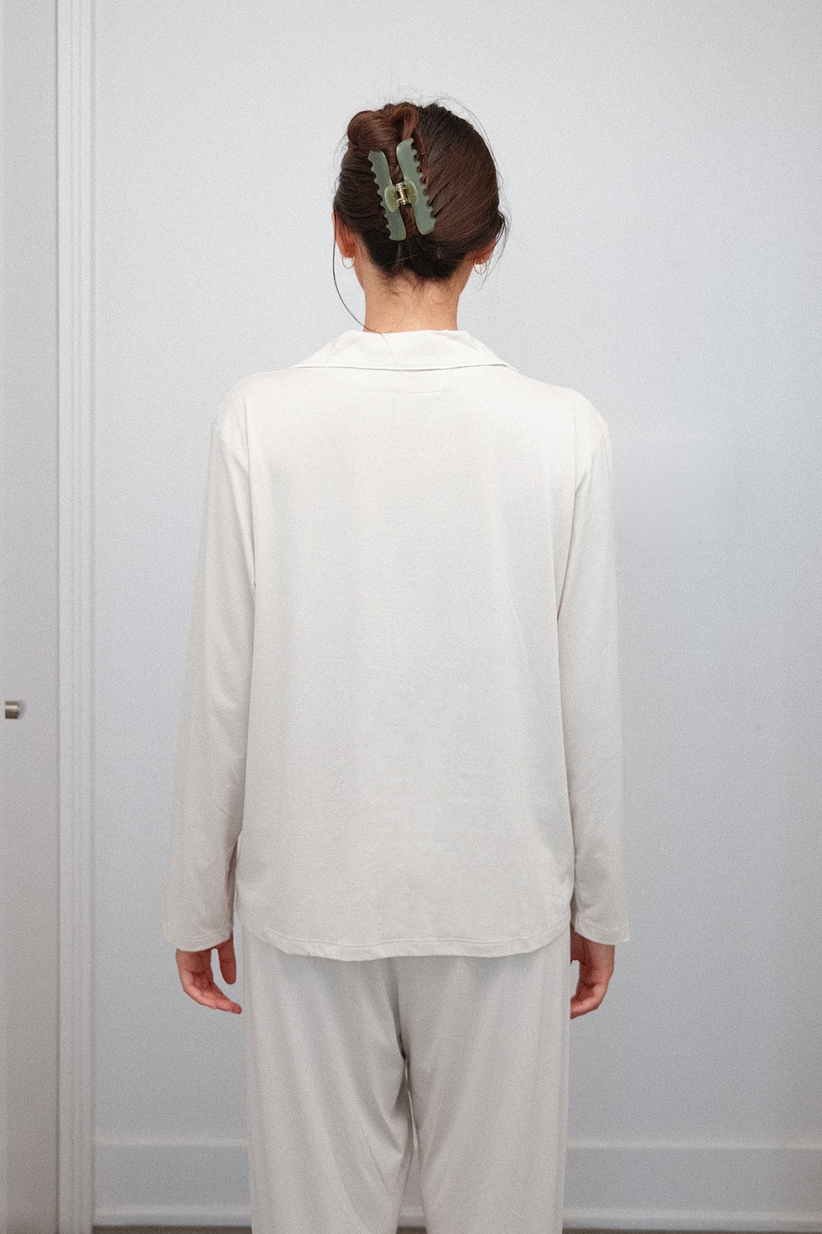 Camp Collar Pajama Set in Oatmeal, on model, back