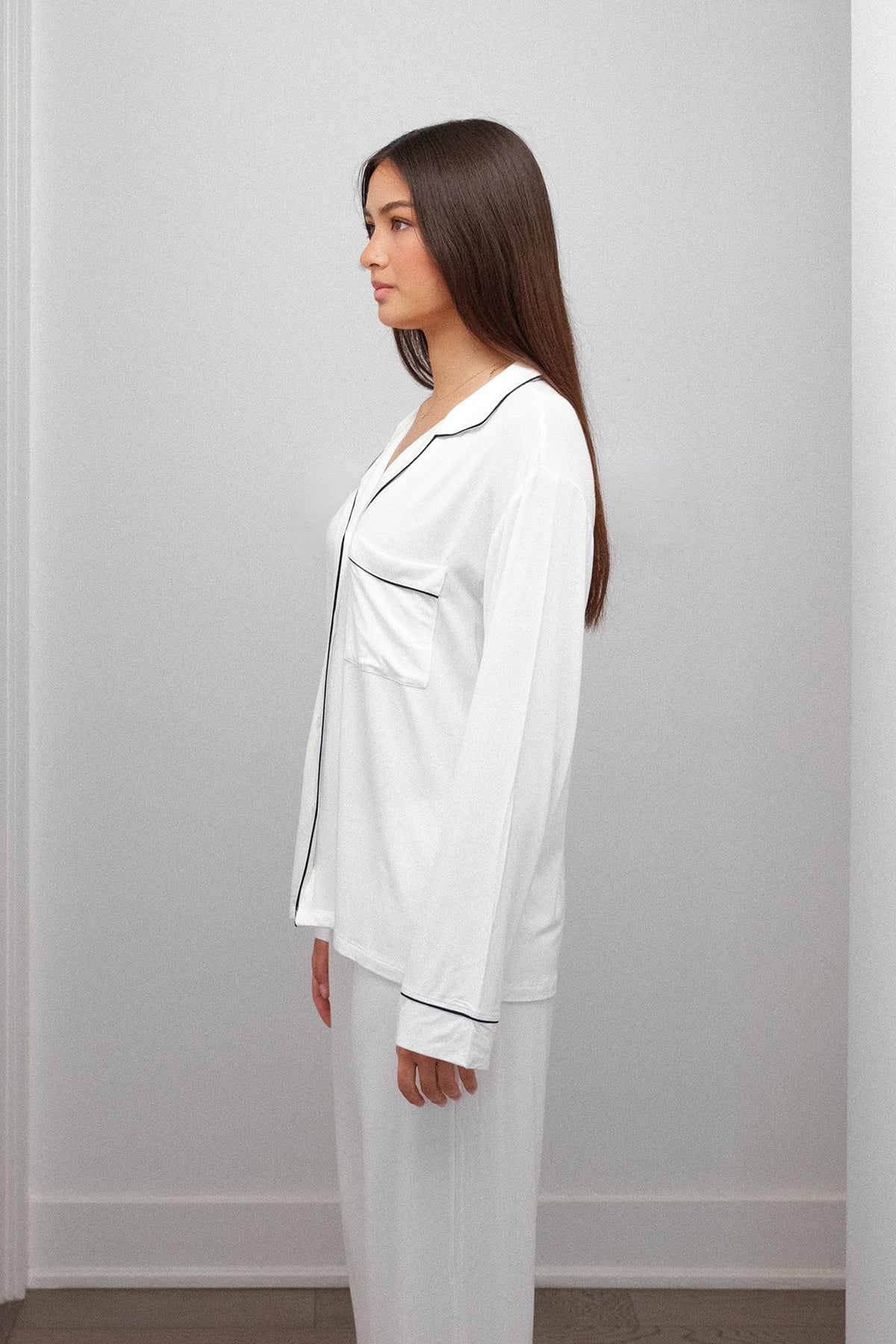 Piped Pajama Set in White, on model, side