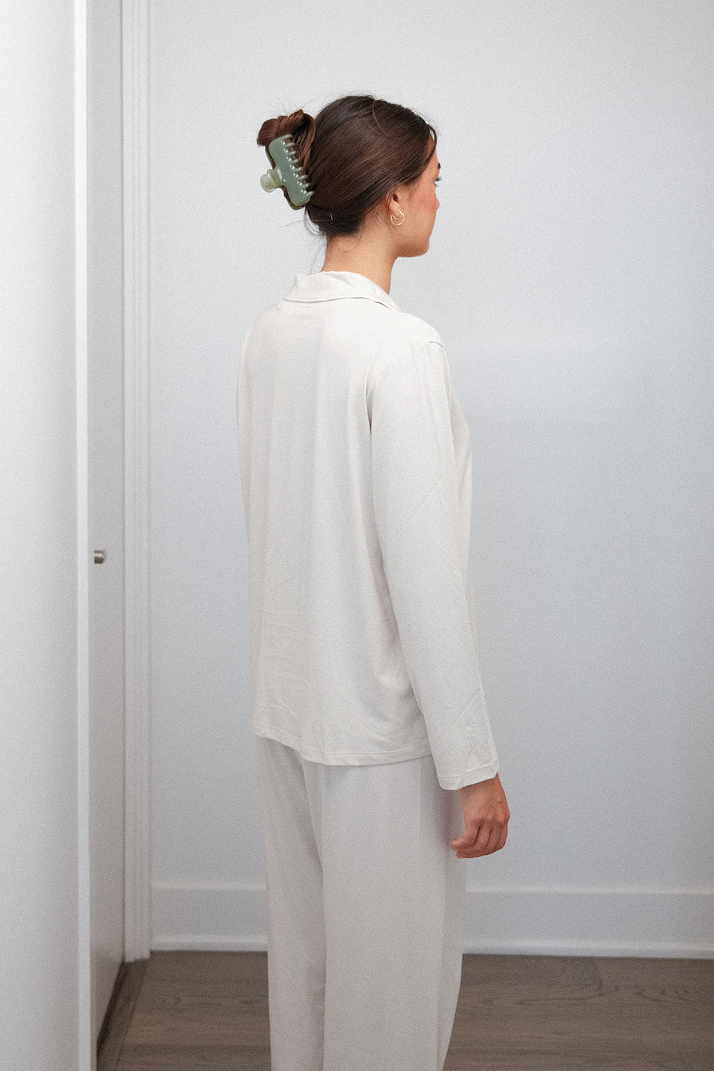 Camp Collar Pajama Set in Oatmeal, on model, back three quarter