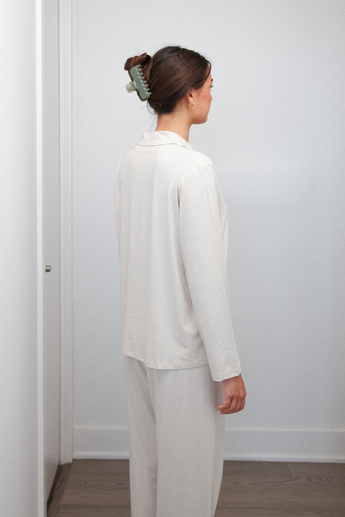 Camp Collar Pajama Set in Oatmeal, on model, back three quarter