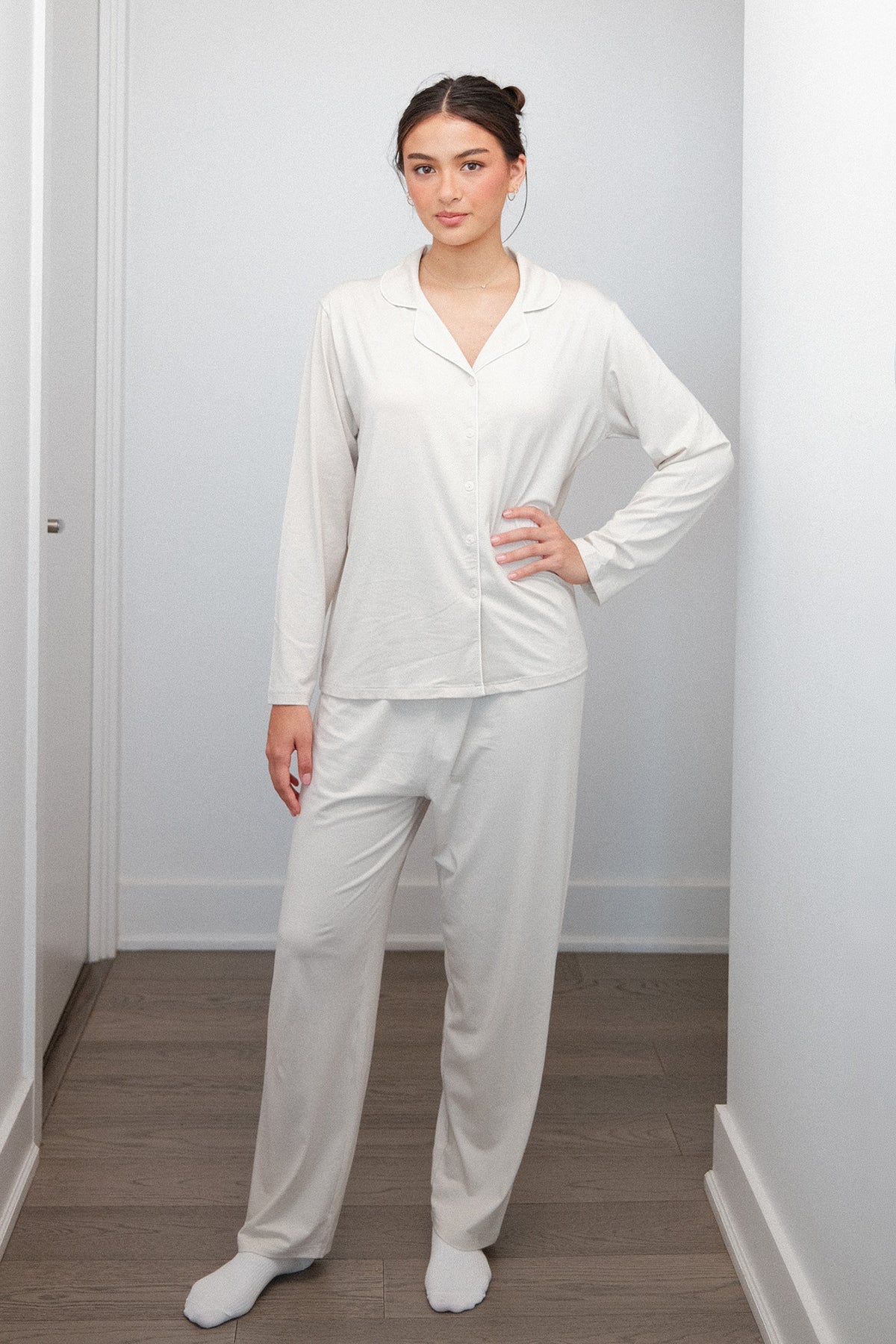 Camp Collar Pajama Set in Oatmeal, on model, front with hand on hip
