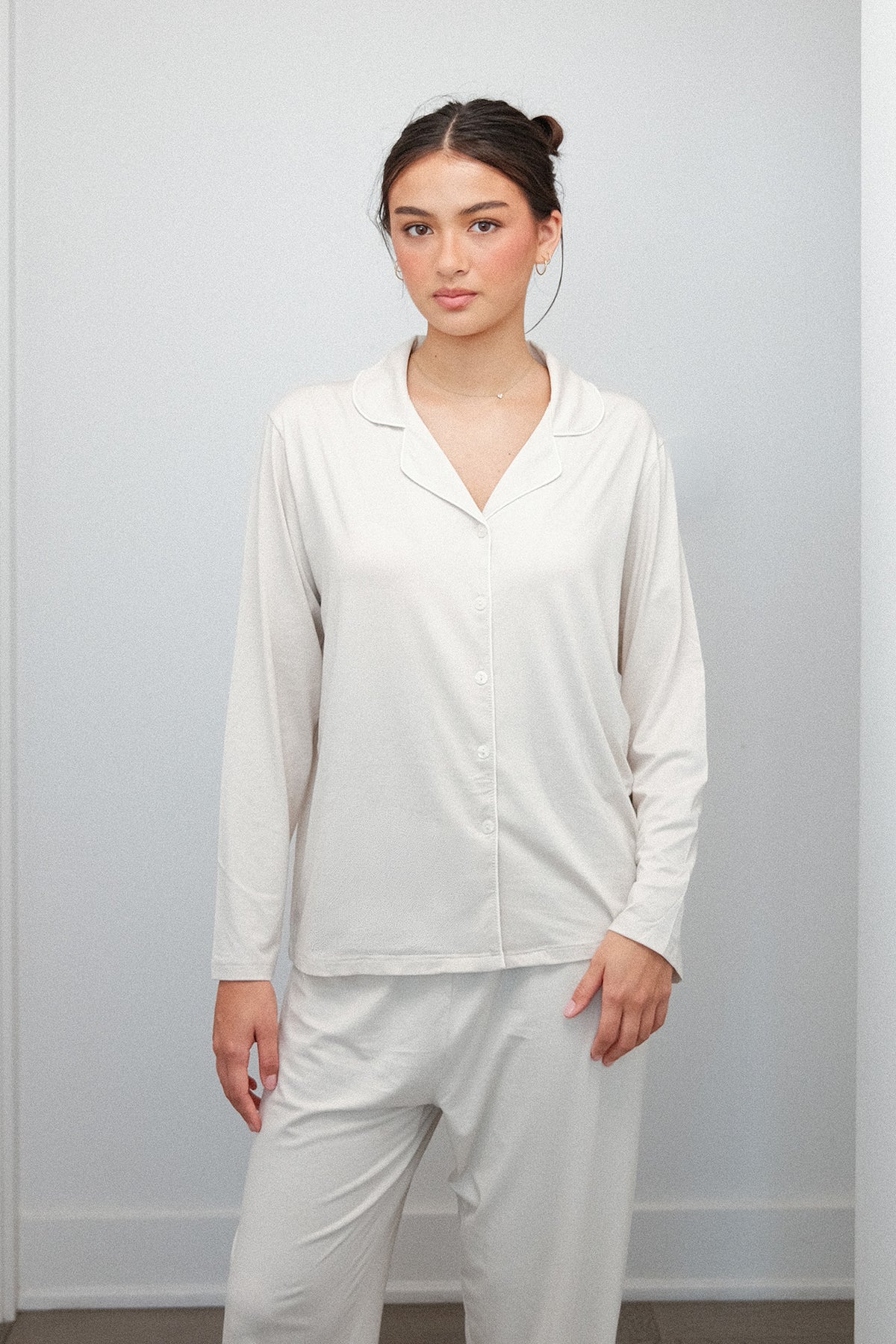 Camp Collar Pajama Set in Oatmeal, on model, three quarter close up