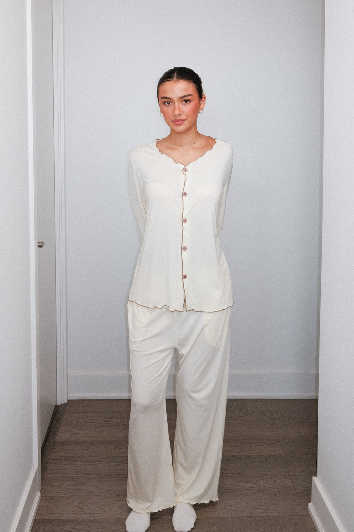 Ruffle Trim Pajama Set in Cream, on model, front