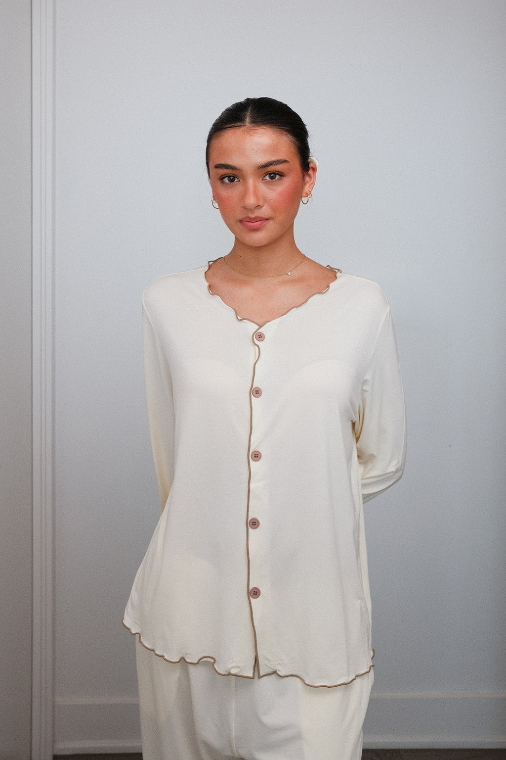 Ruffle Trim Pajama Set in Cream, on model, close up