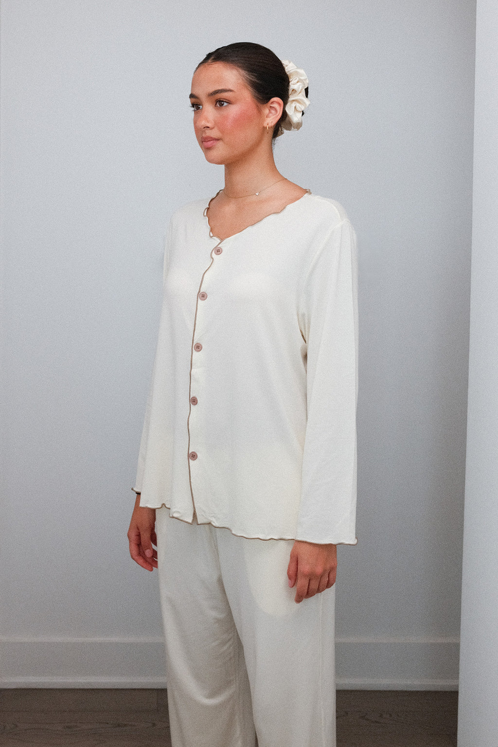 Ruffle Trim Pajama Set in Cream, on model, three quarter