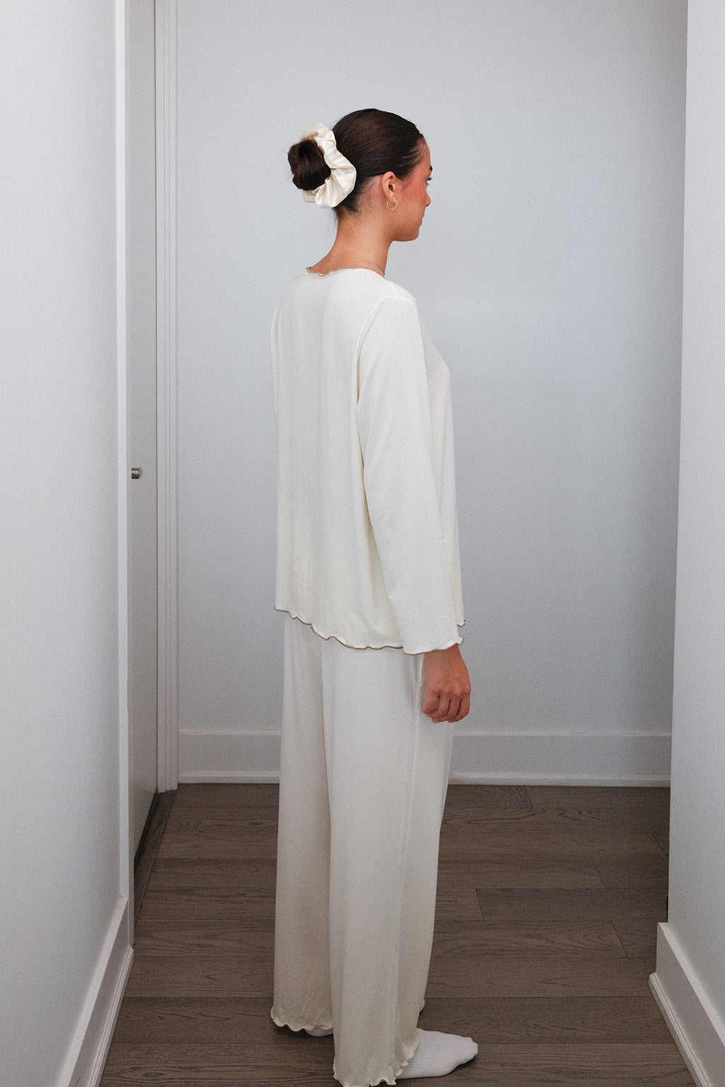 Ruffle Trim Pajama Set in Cream, on model, back three quarter