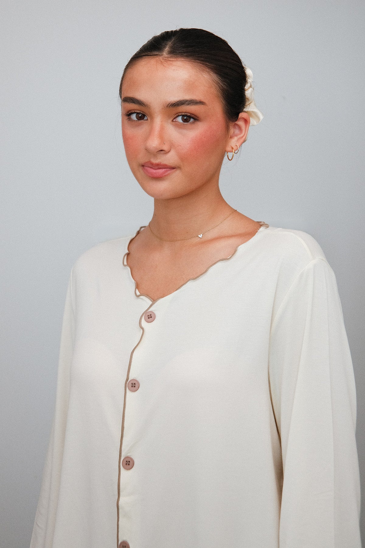 Ruffle Trim Pajama Set in Cream, on model, neckline and trim detail