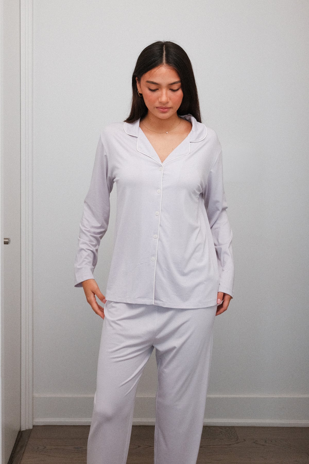 Camp Collar Pajama Set in Lilac, on model, front looking down
