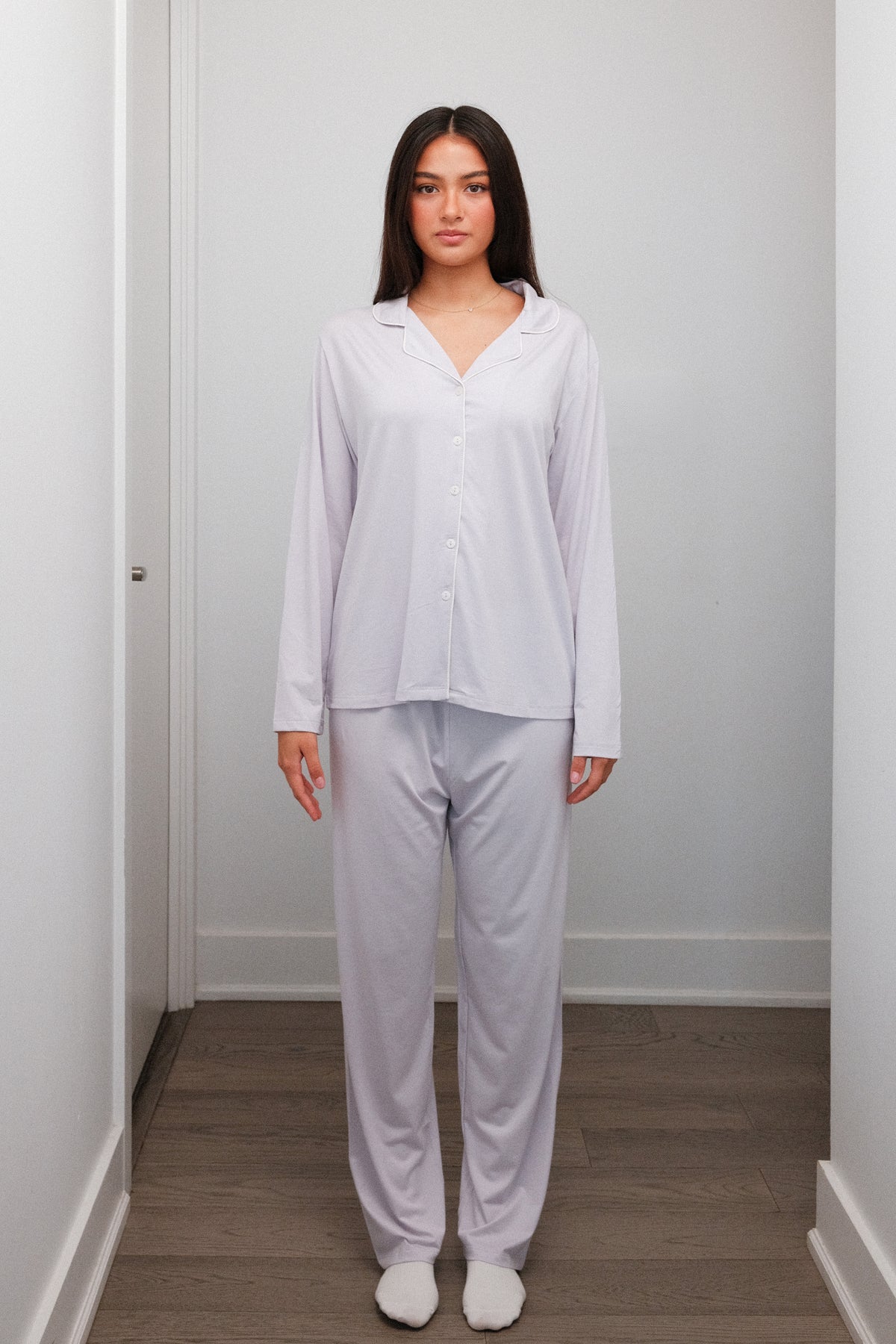 Camp Collar Pajama Set in Lilac, on model, front